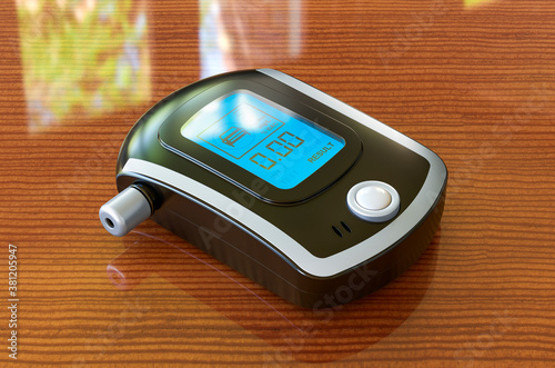Obraz na plátně Breathalyzer, portable breath alcohol tester on the wooden table, 3D rendering