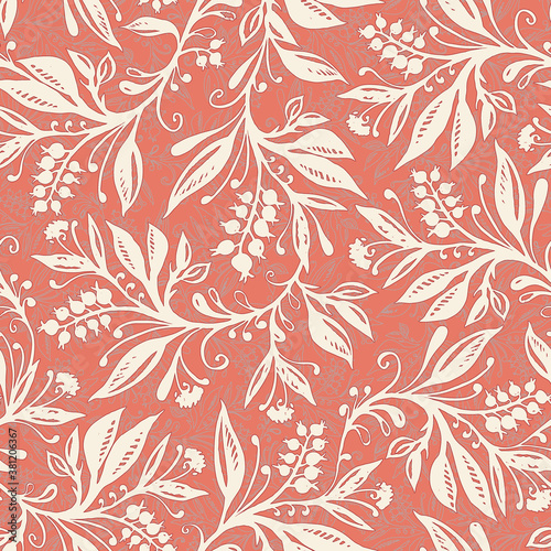 Floral seamless pattern with leaves and berries in coral and cream colors, hand-drawn and digitized. Design for wallpaper, textile, fabric, wrapping, background.