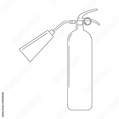 Fire extinguisher with nozzle icon in linear style. Single black line silhouette portable fire equipment sign isolated on white background. Vector illustration with editable stroke.