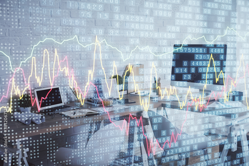 Fototapeta premium Multi exposure of stock market chart drawing and office interior background. Concept of financial analysis.