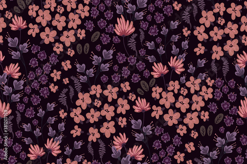 Simple seamless pattern. Free composition of their small flowers and various leaves. Pastel colors, shades of purple and pink. Dark background.