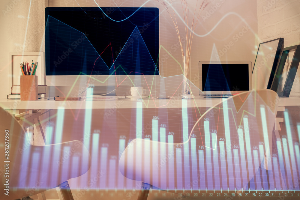 Double exposure of stock market graph drawing and office interior background. Concept of financial analysis. Double exposure of stock market graph drawing and office interior background. Concept of financial analysis.