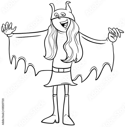 girl in superhero costume at Halloween party coloring book page