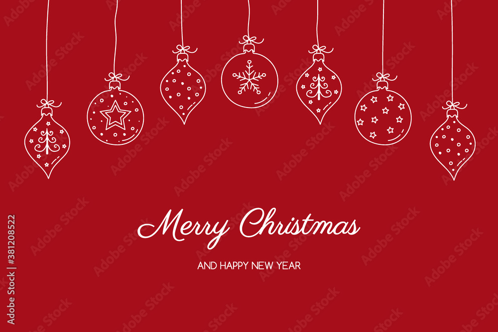 Christmas card with hanging balls and hand drawn decorations. Vector Christmas card with hanging balls and hand drawn decorations. Vector