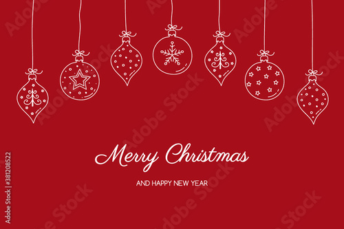 Christmas card with hanging balls and hand drawn decorations. Vector