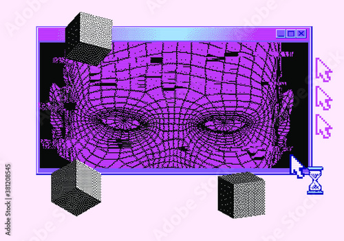 Retrofuturistic poster with human head silhouette and user interface elements. Cover for Artificial Intelligence and Neural Network subjects.