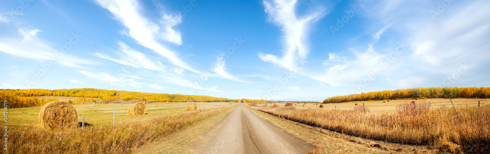 A dirt road disecting a pasture with round bales and farming equipment in a field with colorful autumn forest on both sides in a countryside fall landscape