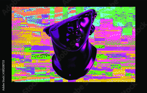 Abstract technology background with datamoshing camera effect. Retro VHS screen like in old video tape rewind Vaporwave and retrowave style vector illustration.