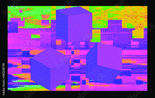 Glitch datamoshing camera effect. Retro VHS background like in old video tape rewind or no signal TV screen. Vaporwave and retrowave style vector illustration.