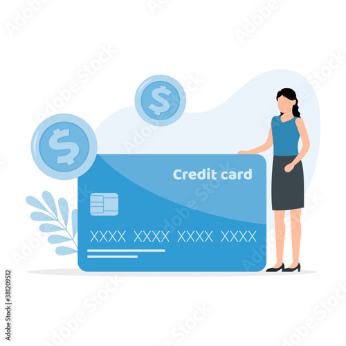 Woman is standing near a bank card. Consulting banking services.