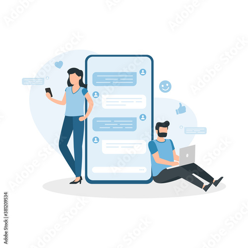 Man and womanchat in social networks send messages, using laptop and phone.