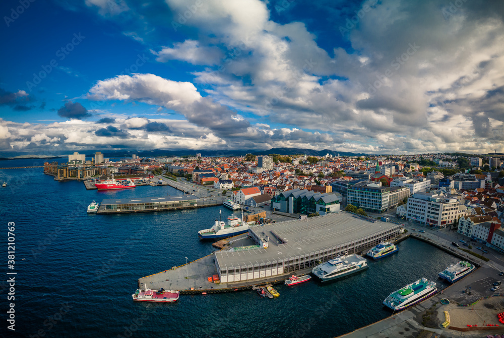 Aerial drone panoramic view of Stavanger city center