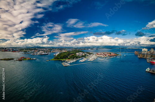 Aerial drone panoramic view of Stavanger city center