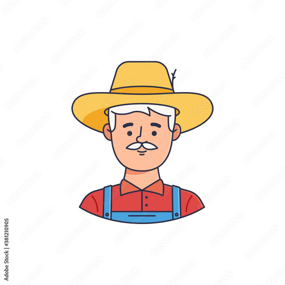 Male farmer character icon avatar. Stroke vector illustration. agricultural man in hat