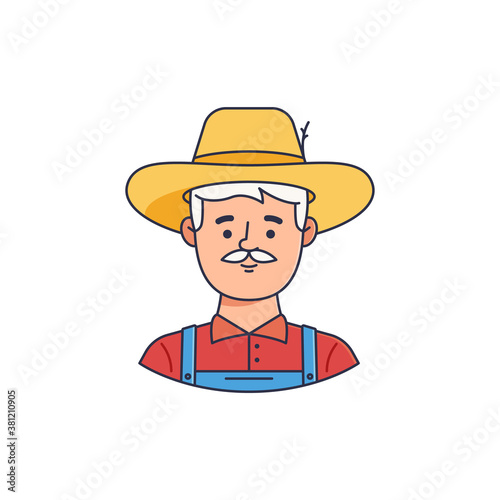 Male farmer character icon avatar. Stroke vector illustration. agricultural man in hat