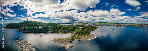 Drone view of Kristiansand and Kvadraturen from Oderoya, Norway