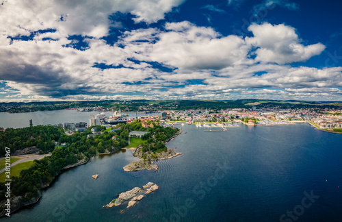 Drone view of Kristiansand and Kvadraturen from Oderoya, Norway