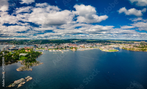 Fototapeta Naklejka Na Ścianę i Meble -  Drone view of Kristiansand and Kvadraturen from Oderoya, Norway