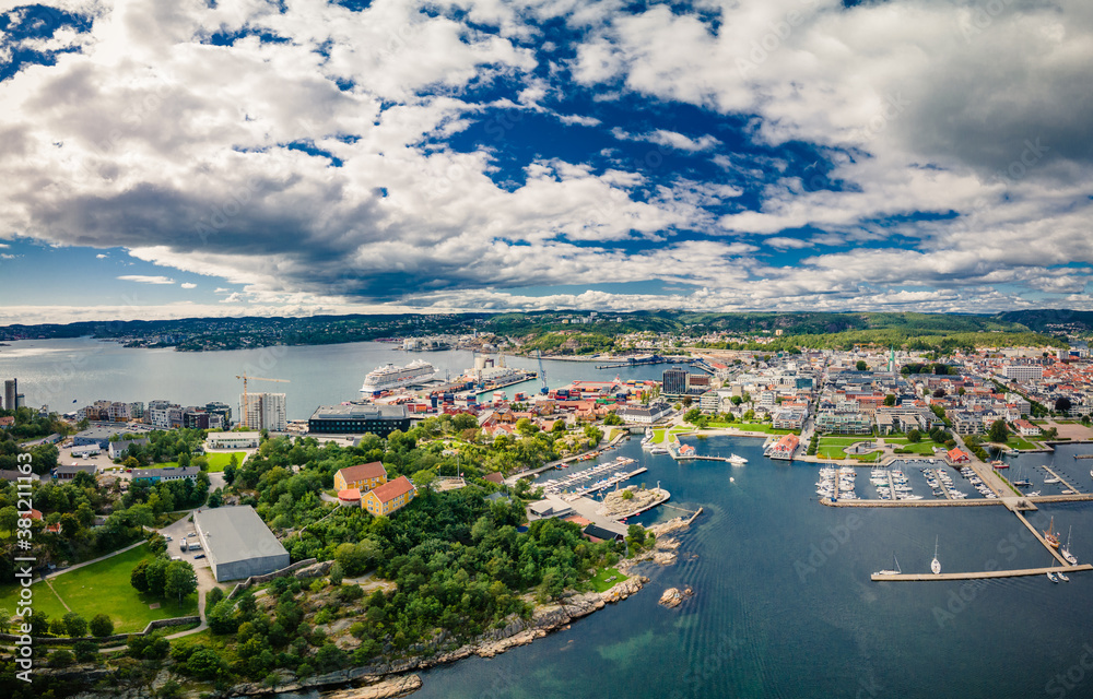 Fototapeta premium Drone view of Kristiansand and Kvadraturen from Oderoya, Norway