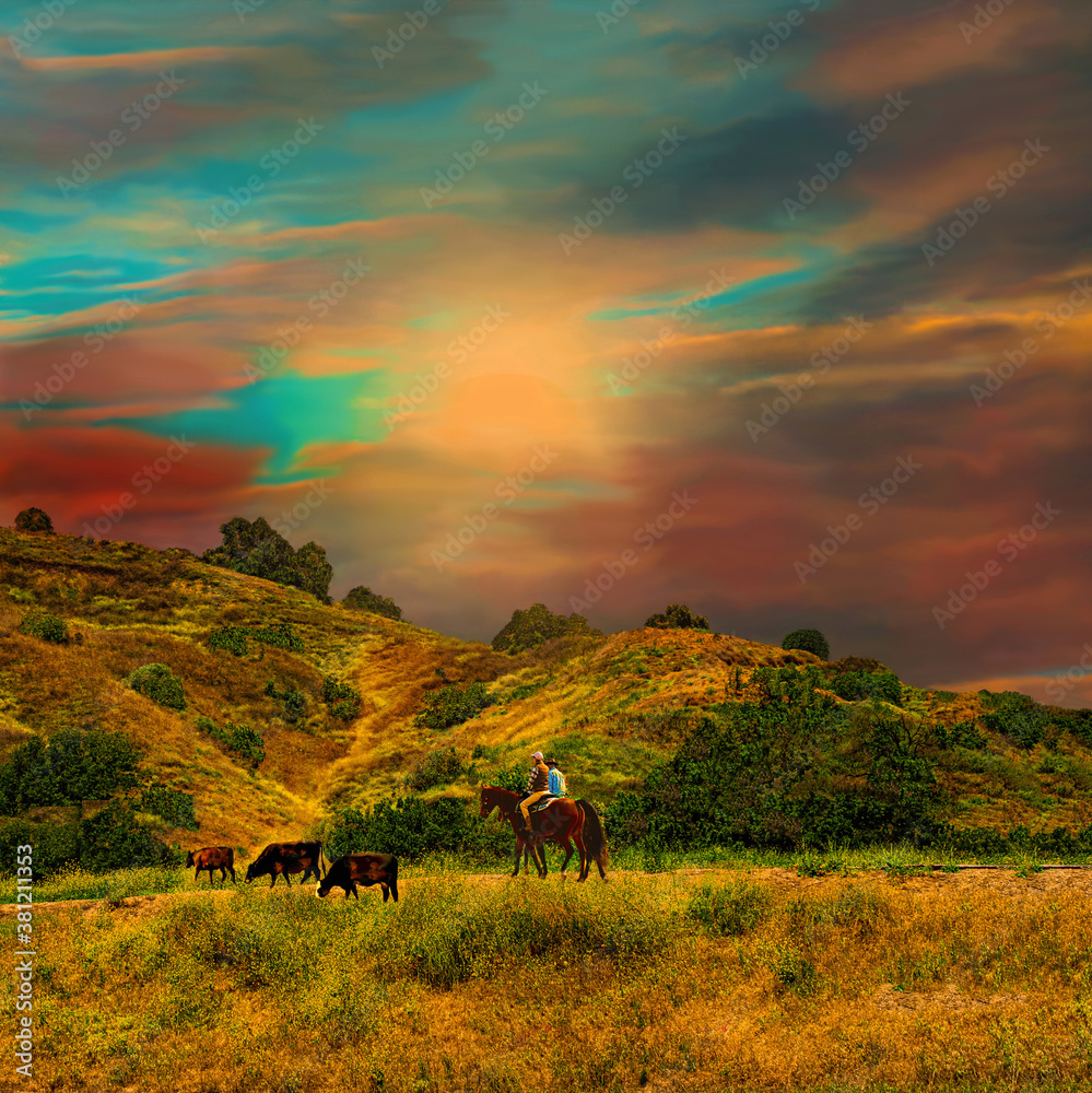 California ranchlands cowboys herding cows sunrise landscape.