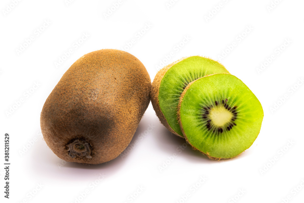 Kiwi and cutaway with a slice beautiful composition on a white isolated background Kiwi and cutaway with a slice beautiful composition on a white isolated background