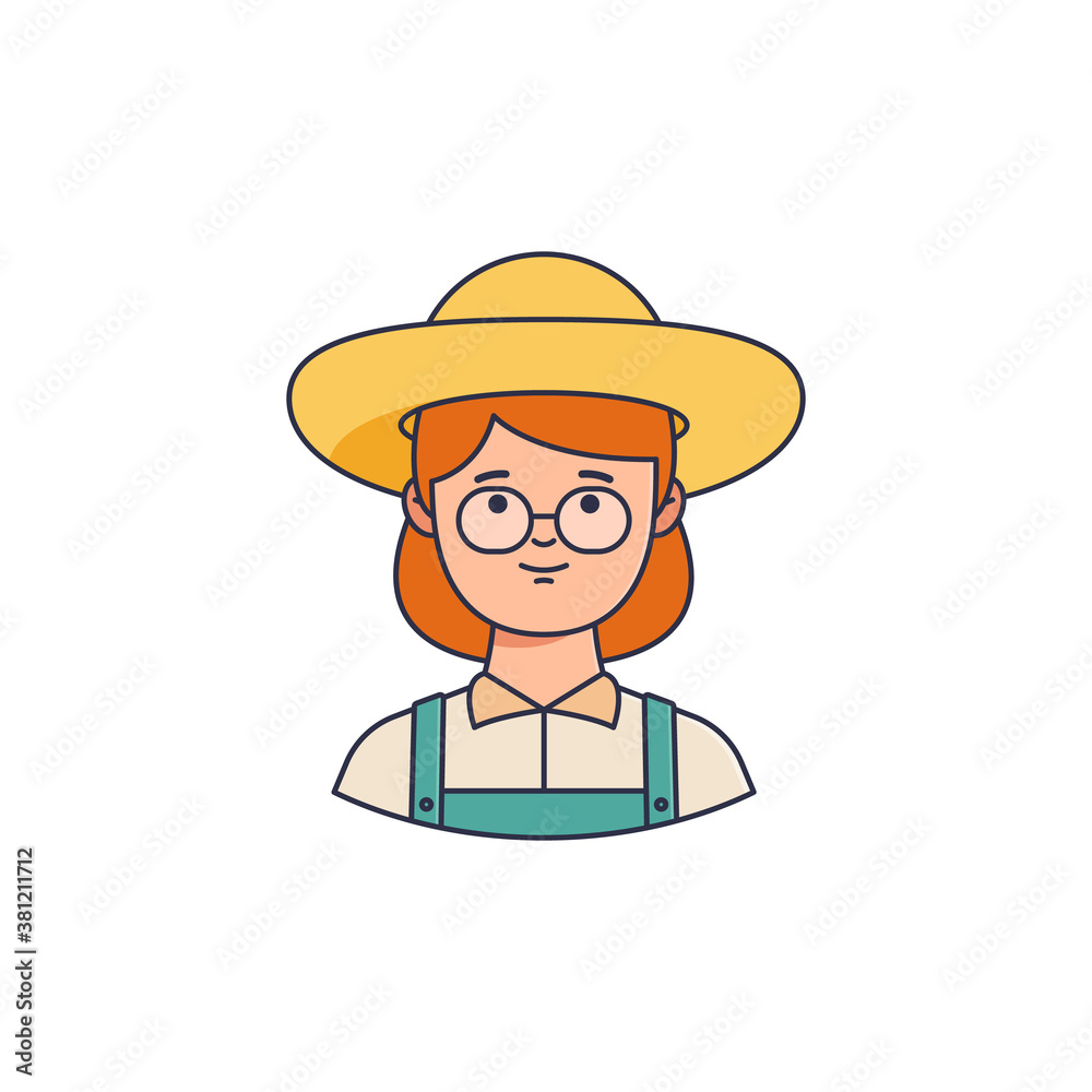 Female farmer character icon avatar. Stroke vector illustration. agricultural woman in hat