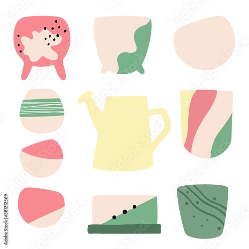 Set of Cute Colorful Flower Pots. Boho style. Vector design for stikers, greeting cards, stationery​ and posters. Hand drawn. Scandinavian style.