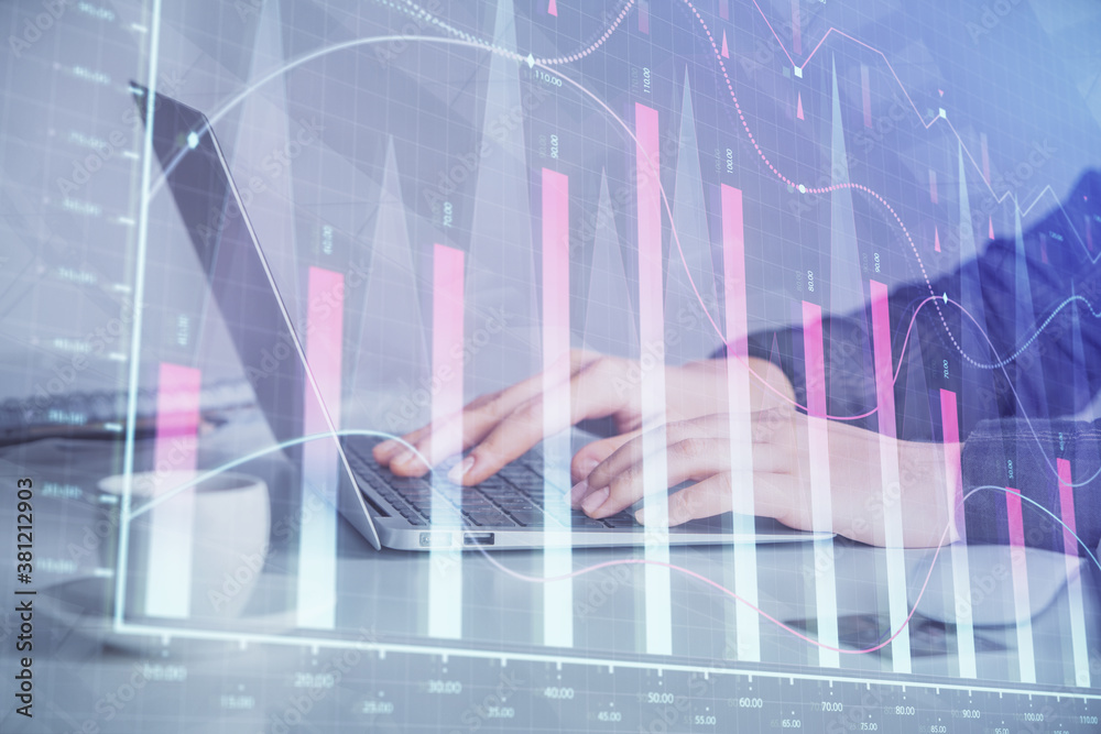 Double exposure of businesswoman hands typing on computer and forex graph hologram drawing. Financial analysis concept. Double exposure of businesswoman hands typing on computer and forex graph hologram drawing. Financial analysis concept.