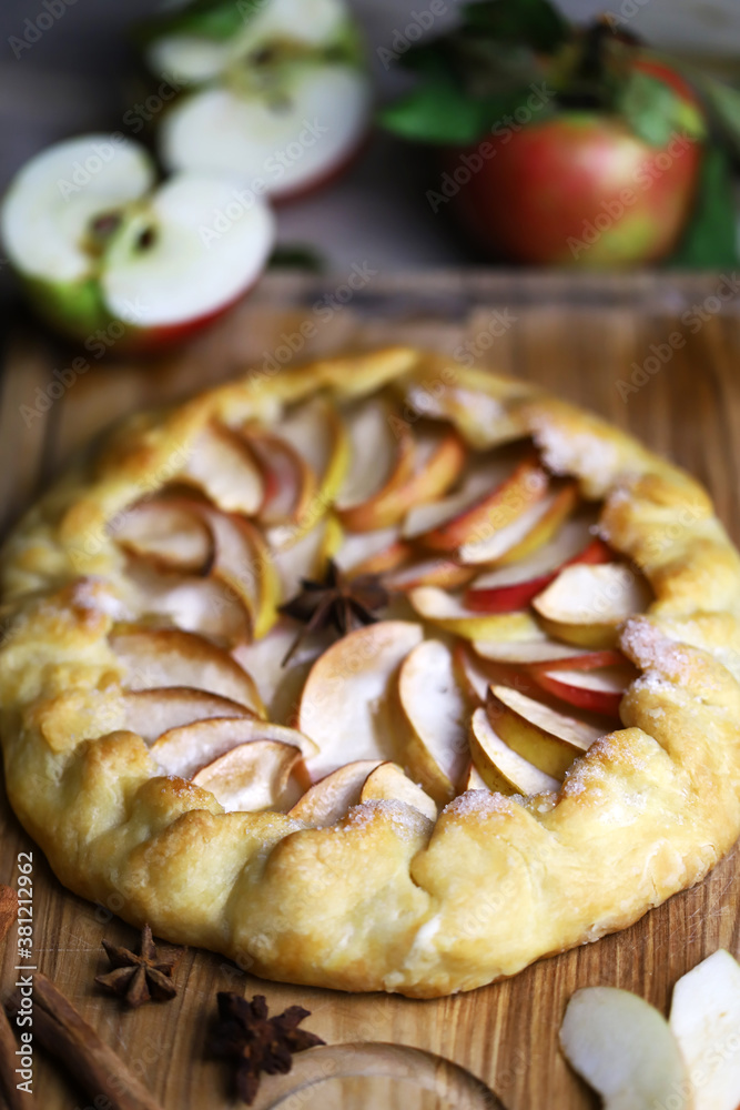 Selective focus. Galette with apples. Rustic style. Autumn pastries. Selective focus. Galette with apples. Rustic style. Autumn pastries.