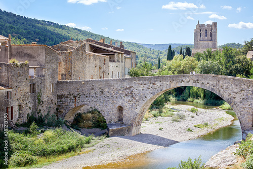Old Bridge (Pont Vieux) with the Abbey of St. Mary of Lagrasse, France