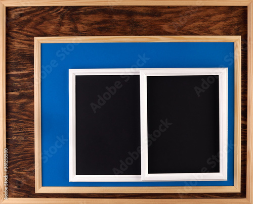 Images with a space for text.Photo frame.Wooden frame.Frame.Message Board.Menu.Colored background of geometric shapes.Wooden background for posts and messages .