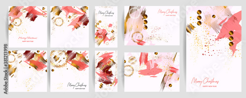 Elegant creative card templates set Christmas New Year style with snowflakes. Collection of romantic invitations with gold elements abstraction background line color