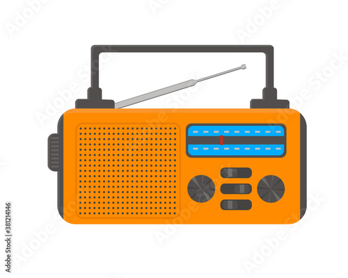 Portable radio with flashlight for emergency, camping, survival, tourism, hiking. Vector flat illustration