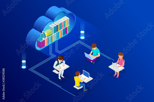 E-learning, Online Education at Home. Isometric concept for Digital Reading, E-classroom Textbook, Modern Education, Online Training and Course, Audio Tutorial, Distance Education, Ebook and Students