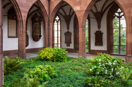 Green plants in inner courtyard of Basel Cathedral. Cloister with archway and inner garden. Switzerland.