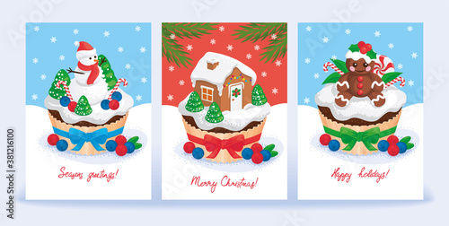 SET OF CHRISTMAS CARD WITH WISHES AND CUPCAKES, DECORATED WITH FIGURES OF SNOWMAN, GINGERBREAD HOUSE, GINGERBREAD MAN, CREAM, BERRIES. VECTOR ILLUSTRATION IN CARTOON STYLE, POSTER, BANNER, INVITATION