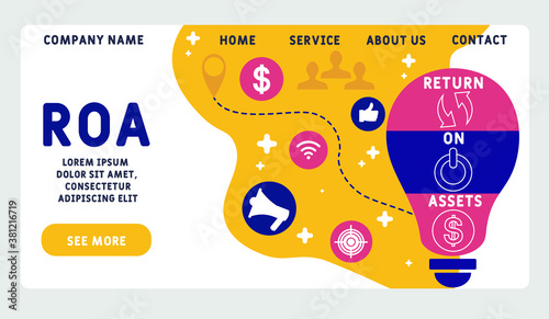 Vector website design template . ROA - return on assets acronym, business concept. illustration for website banner, marketing materials, business presentation, online advertising. 