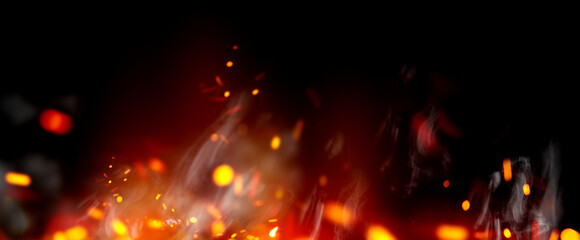 Flame with sparks and smoke isolated on black background. Fire Flame on black backdrop. Flame border close up. Sparks from bonfire over night background. Halloween, Christmas backdrop, wide screen