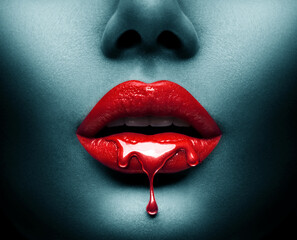 Red Paint dripping, lipgloss drops on sexy lips, bright liquid paint on beautiful model girl's mouth, Vampire. Halloween. Lipstick. Make-up. Beauty face makeup, close up. Isolated on black background