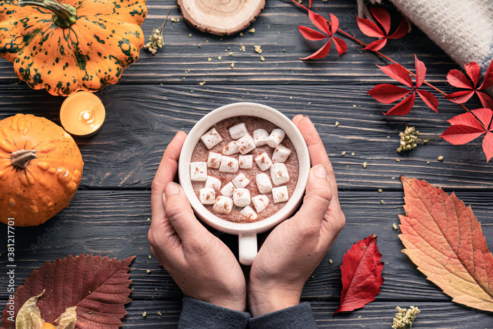 Female hands holding hot drink cocoa cup with marshmallow on autumn fall holiday cozy background pumpkin, orange leaves on brown wooden table, happy halloween thanksgiving decoration, above top view.  - obrazy, fototapety, plakaty 
