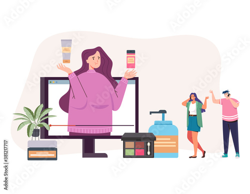 Online e-commerce cosmetic beauty products concept. Vector flat graphic design illustration