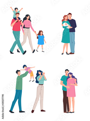 Happy family mother father and children walking isolated set. Vector flat graphic design illustration