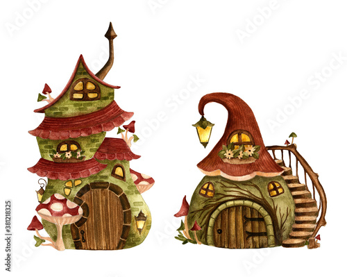 Set of gnome houses. Watercolor hand drawn