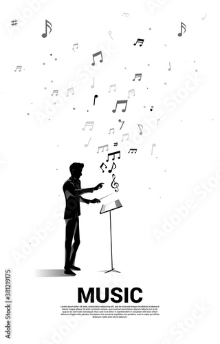 Vector silhouette of conductor standing with flying music note . Concept background for orchestra concert and recreation.