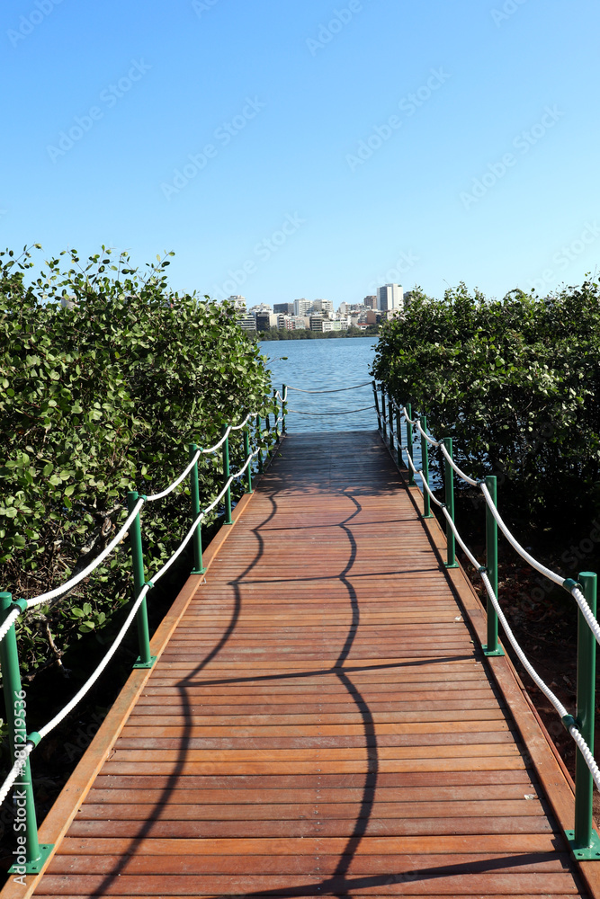 Wooden deck at Rodrigo de Freitas lagoon, Rio de Janeiro, Brazil