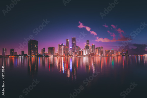 city skyline at night miami downtown reflections buildings colors usa florida sky cityscape 