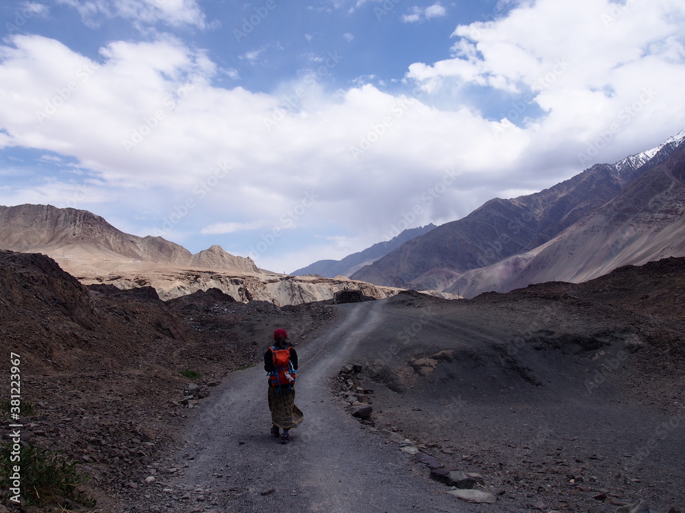 A woman walking through beautiful nature towards the town of Alchi, Alchi, Leh, Ladakh, Jammu and Kashmir, India