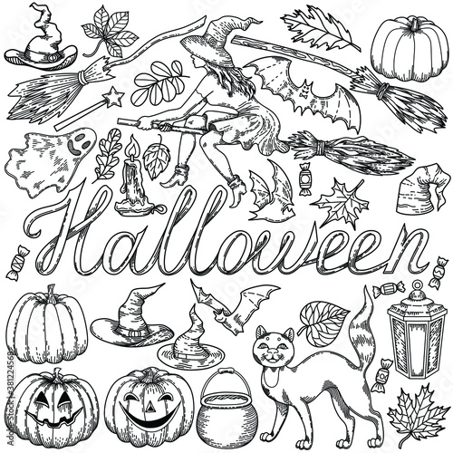 Halloween black and white sketch, set of objects