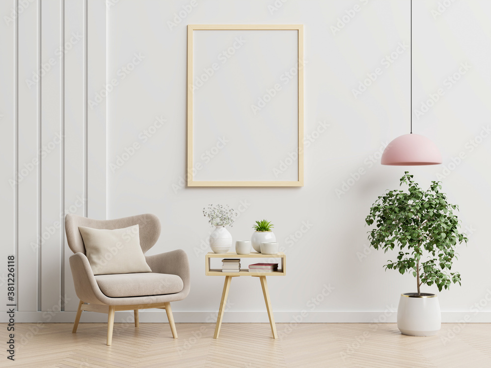 Poster mockup with vertical frames on empty white wall in living room interior with blue velvet armchair. - obrazy, fototapety, plakaty 