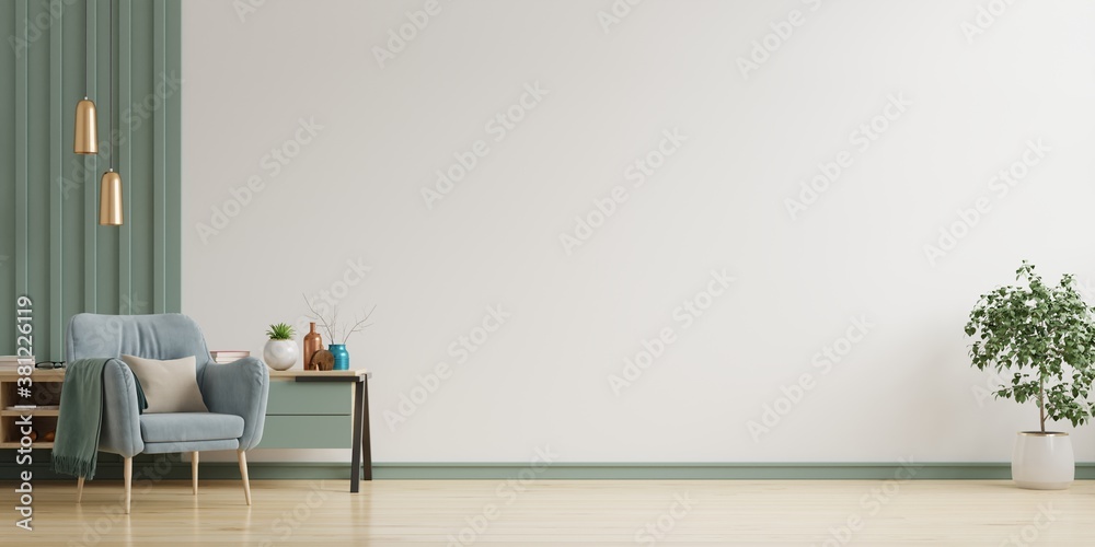 The interior has a armchair on empty white wall background. - obrazy, fototapety, plakaty 